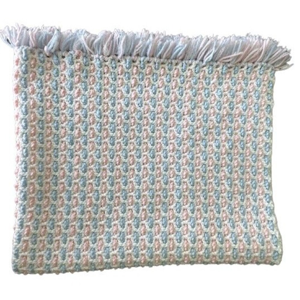 Handmade Pink Blue and White Crocheted Baby Blanket with Fringe 38 x 34 Inches